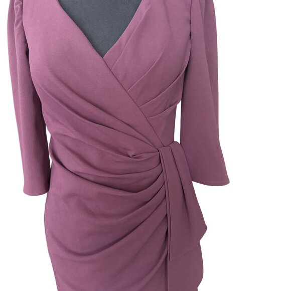 Oleg Cassini Mauve Sheath Dress Size 6 With Ruched Wrap Design & 3/4 Sleeves - Picture 2 of 6